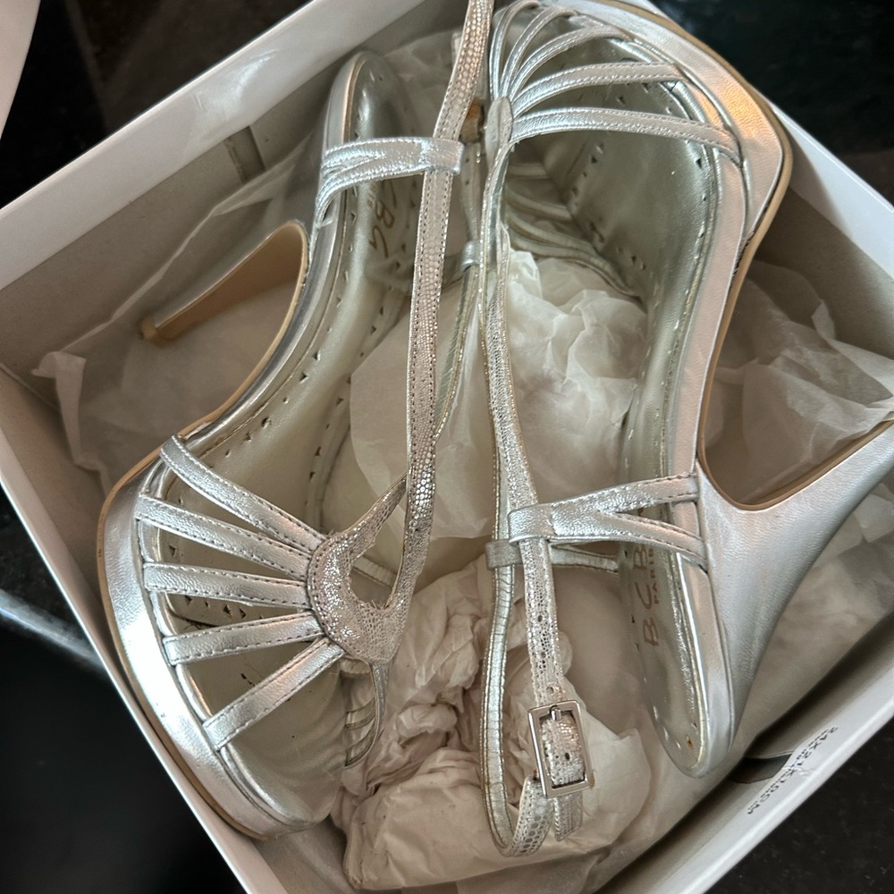BCBG Strappy Silver Heels